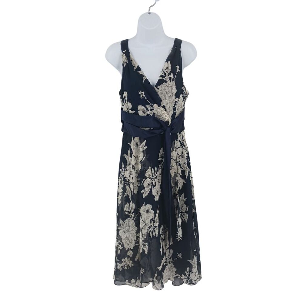 Jones Wear Dress Navy Blue & White Floral Print Flowy Sleeveless Dress Sz 12